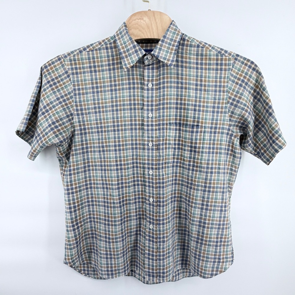 Vintage Pen West Pendleton Plaid Short Sleeve Shirt Mens XL Button Up Blue Green